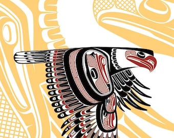 May include: A stylized illustration of a Native American eagle in flight, featuring bold black, red, and white colors. The eagle's wings are spread, and the design incorporates traditional tribal art elements. The background is a soft yellow.