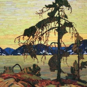 May include: An oil painting depicts a landscape with a silhouetted tree in the foreground. The tree's branches reach out against a yellow and orange sky. In the background, blue mountains and a body of water are visible.