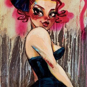 May include: An expressive painting of a woman in a dark blue dress with a bow in her red hair. The artwork features bold brushstrokes and a graffiti-style background with pink accents. The artist's signature is visible.