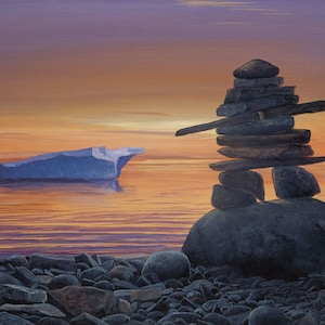 John HARRINGTON &quot; Magnetic North &quot; Canvas Authentic Indigenous Collectible Made In Canada Native art First Nation Aboriginal people Inukshuk