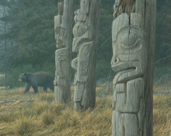 Robert Bateman Totem and Bear Collectible Canvas Limited Edition Signed & Numbered art Western Canadian Sacred Monuments Native Totem Poles