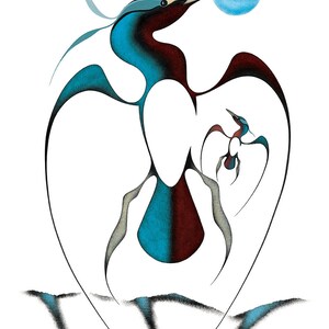 May include: An abstract illustration of a bird with a long beak and outstretched wings. The bird is depicted in shades of teal, burgundy, and gray against a white background. A blue sphere is above the bird's head, and a smaller bird is in the center.