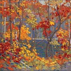 May include: An autumnal forest scene depicted in an impressionistic painting. The image showcases trees with vivid red, orange, and yellow foliage. A blue expanse of water and a misty sky form the backdrop, evoking a sense of depth and calm.