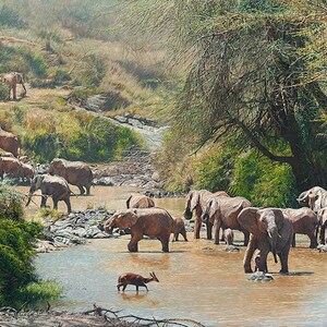 Peut inclure: Une peinture représente un troupeau d'éléphants traversant une rivière dans un paysage naturel. Les éléphants, de tailles variables, sont bruns et gris. Une petite antilope se tient dans l'eau. La rivière est bordée de végétation verte et d'arbres.