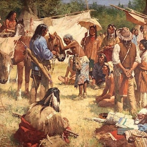 Può includere: Un dipinto a olio raffigurante un raduno di nativi americani e cavalli in un campo erboso. Diverse figure interagiscono con i cavalli, mentre altre sono sedute o in piedi, alcune con ombrelli. La scena è ambientata all'aperto con tende sullo sfondo.