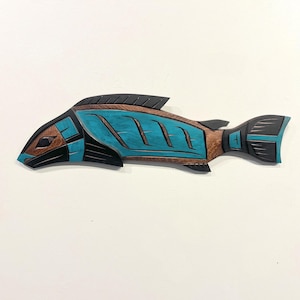 Blue Salmon Native Carving Coast Salish First Nations Indigenous Artist Delbert PETER signed Original fish Carved in Canada Gift of Plenty