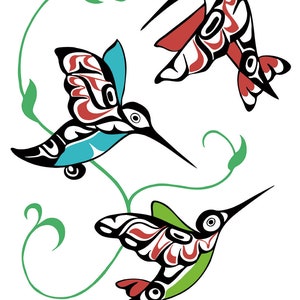 ODIN LONNING &quot; Hummingbirds &quot; Canvas Authentic Indigenous Collectible Limited Edition Size of 195 Colourful Form Made in Canada Wing Feather