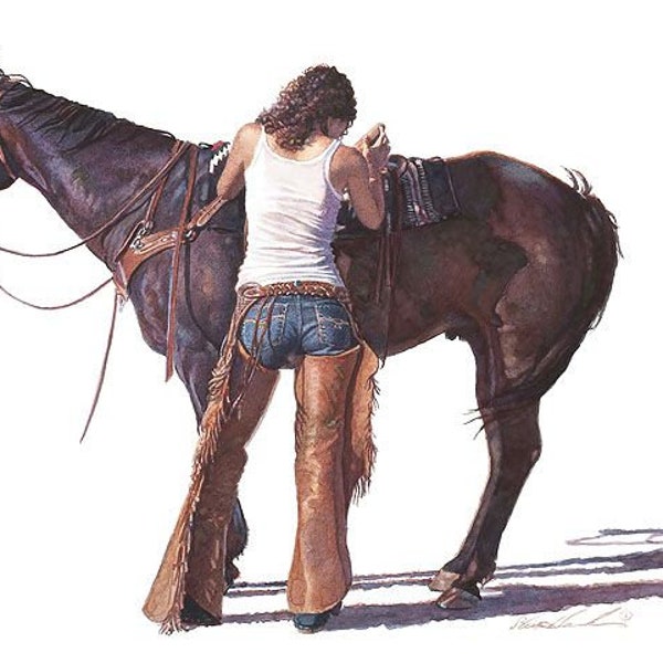 Steve HANKS " Saddling Up " Limited Anniversary Edition Canvas Young Woman Horse Saddle Western Feminine Chaps Legs Romantic Art art