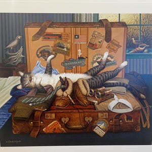 Charles Wysocki &quot; Mabel The Stowaway &quot; Limited Edition Signed & Numbered Print Wildlife Artist Pet Cat Animals Suitcase Adventure Tabby Fur