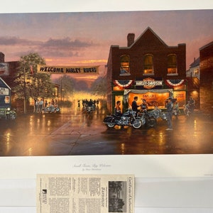 May include: A print of a small town scene at dusk, with the text "WELCOME HARLEY RIDERS" on a banner. The print features a Harley-Davidson dealership and a pizza shop, with motorcycles and people on the street. The Harley-Davidson logo is visible.