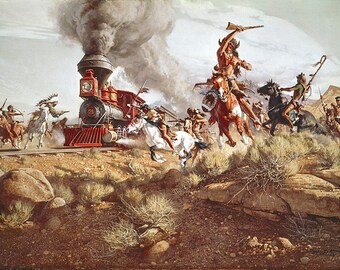 50 Frank C. McCarthy " Raiding The Iron Horse " Ltd Edition CANVAS 20Hx30W Train Horses Master Artist Historical Native Western Action ART