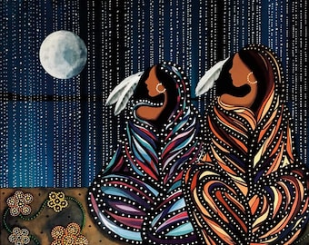 BETTY ALBERT " Hermanas " Lienzo Auténtico coleccionable indígena hecho en Canadá Arte nativo Cree Primeras Naciones Familia Aborigen Luna Amor