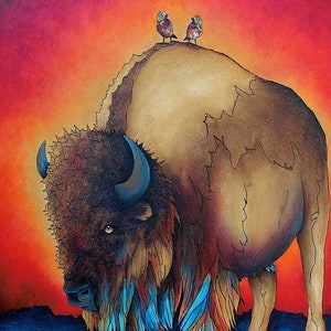 May include: A painting of a bison with two small birds perched on its back, set against a vibrant orange and red sunset. The bison has detailed fur in shades of brown, blue, and orange. The birds are colorful.