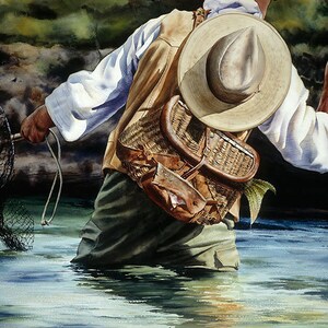 May include: Watercolor painting of a person fly fishing in a river. The person wears a tan vest, a light-colored shirt, and green pants. A wicker creel and a hat are visible. The person holds a fishing net in one hand and a fishing rod in the other.