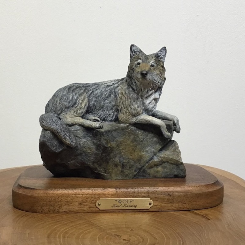 A Wolf Original Sculpture Hand Made In Canada Eskimo Dog Sled & Kayak