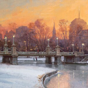 May include: An oil painting depicts a bridge over a river at sunset. The bridge has decorative lamp posts and connects to buildings in the background. The sky is a warm orange and yellow, and the water reflects the colors of the sky and the bridge.