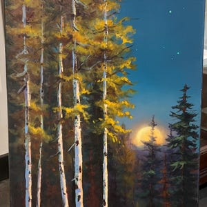 Jonn Einerssen &quot;Canmore Moonlight&quot; Dipinto a olio originale su tela firmato Opera d&#39;arte canadese da collezione unica nel suo genere Decorazione per la casa colorata