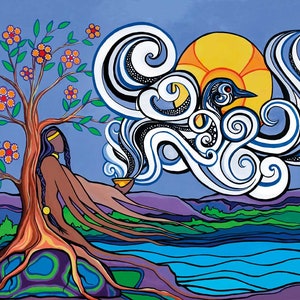 May include: Colourful painting showing a Native American woman with long braids, seated near a tree with orange and red flowers. A stylized bird flies near a yellow sun, with swirling white and blue clouds. The artwork has a blue and purple background.