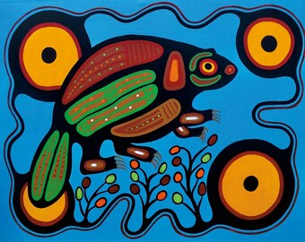 May include: A vibrant painting of a beaver in a stylized, Indigenous art style. The beaver is black with colorful accents of red, green, and orange. The background is a bright blue with yellow and black circular shapes.