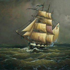 May include: An oil painting depicts a tall ship sailing on a stormy sea. The ship has multiple sails, some with purple and white accents, and a French flag. The dark sky and choppy water create a dramatic scene. The artist's signature is visible.