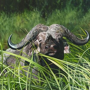 Guy Combes "Mbogo Mkuu" Begränsad upplaga Signerad och numrerad duk Hövding Buffel Vattenbison Hög realism Afrikansk safarikonst Kenyas djur