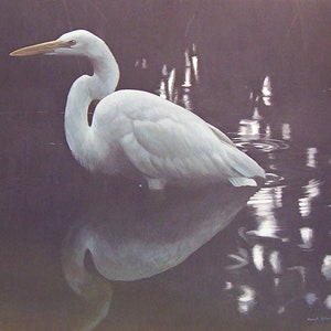 May include: A serene painting of a white egret standing in dark water. The bird has a long, curved neck and a yellow beak. Its reflection is visible in the water, creating a symmetrical image. The artwork evokes a sense of peace.