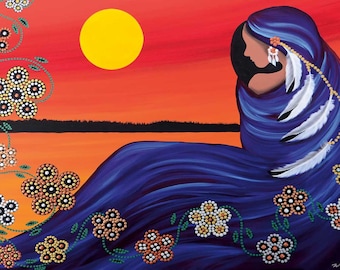 BETTY ALBERT Evening Sun Woman Canvas Auténtico coleccionable indígena hecho en Canadá Arte nativo Cree Primeras Naciones Aborigen Cielo quemado