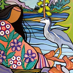 May include: Colourful painting showing a woman in a floral dress, a blue heron, and a lake scene. The artwork uses bold colours and stylised forms, with a focus on nature and indigenous themes.