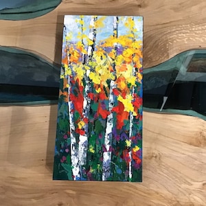Marilyn Hurst “ Stand By Me &quot; Original Acrylic on Wood Panel 12” x 6” painting Canadian artist Mountains Trees signed Colorful Art