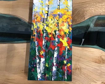 Marilyn Hurst “ Stand By Me " Original Acrylic on Wood Panel 12” x 6” painting Canadian artist Mountains Trees signed Colorful Art