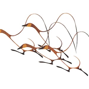 May include: Abstract artwork featuring a flock of stylized birds in flight. The birds are depicted with elongated, curved lines in shades of brown and black, with orange accents on their heads. The background is plain white.