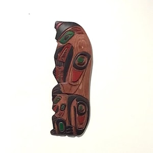 Bear Cub & Salmon by George MATILPI 16&quot; Indigenous Kwakiutl First Nation Artist Wood Hand Painted Native Carving ORIGINAL Art