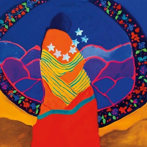 May include: A colorful painting depicts a figure draped in an orange shawl with yellow stripes and white stars. The figure stands before a blue backdrop with a floral and heart-shaped border. Mountains and a yellow foreground complete the artwork.