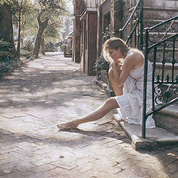 Steve HANKS S/N LEP Signed and Numbered Limited Edition Print " One Step at a Time " Woman Sitting Bottom Step Reflection Deep Thoughts