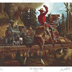 Arnold FRIBERG &quot; Puffing Billy &quot; Limited Edition Print 18&quot;H x 23&quot;W RCMP Horse Train Trees Western Heritage Artist Great Master Painter