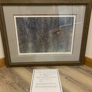 May include: A framed artwork depicting a bird on a branch, set against a backdrop of Spanish moss. The painting is within a brown wooden frame. A certificate of authenticity is positioned below the frame, on a wooden floor.