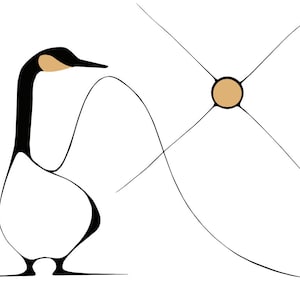 May include: A minimalist illustration of a goose with a black head and neck, a tan patch, and a white body. A tan circle with four lines radiating from it is to the right of the goose. The background is white.