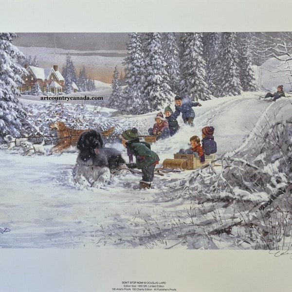 Doug LAIRD Don't Stop Now Collectible Limited Edition Signed & Numbered art Toboggan, Winter Family Holiday RARE Vintage Old Fashioned Sled