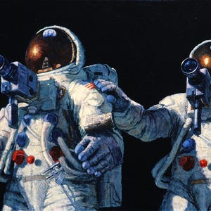 May include: Two astronauts in white space suits with blue and red accents, each holding a vintage film camera. The helmets have a reflective gold visor. The background is a dark, starless space.