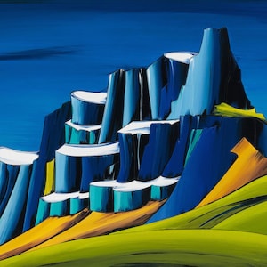 Puede incluir: Pintura abstracta de una cordillera sobre un fondo de cielo azul. Las montañas están representadas en tonos azules, con acentos blancos. El primer plano presenta colinas verdes y amarillas.