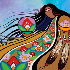 May include: A colourful painting shows a figure with long black hair and a patterned garment. The artwork features floral and geometric designs in red, pink, and green against a tan background. A necklace with feathers and a crescent moon is also visible.