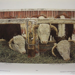 Patrick Douglass Cox &quot;Trio&quot; Limited Edition RARE Print Signed & Numbered art Certificate of Authenticity Mint condition Cattle Hereford Cows