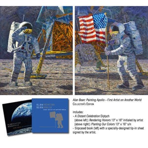 May include: A diptych and book set titled "Alan Bean: Painting Apollo - First Artist on Another World." The artwork depicts astronauts on the moon, with an American flag. The set includes a slipcased book and two 13" x 16" prints.
