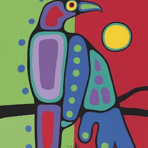 Jim OSKINEEGISH &quot; Crow &quot; Native Canvas Authentic Indigenous Collectible Made In Canada Symbolic ART Bird Impressionism Raven Omen Two Tone
