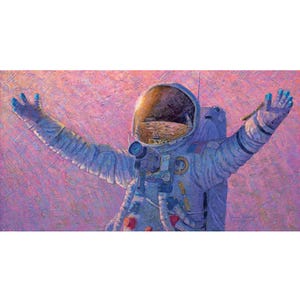 May include: An astronaut in a blue and white spacesuit with arms outstretched against a pink and purple background. The astronaut's helmet reflects a landscape. The artwork has a textured, painterly style.