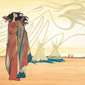 May include: An illustration depicts a figure in a patterned robe, standing in a desert landscape. The robe features red, blue, and yellow hues. In the background are teepees and a stylized eagle. The artwork has a vintage, Native American aesthetic.
