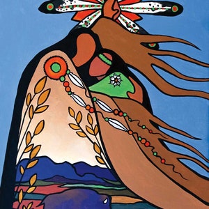 May include: An abstract painting depicting a Native American figure with a feathered headdress and detailed beadwork. The artwork uses earth tones, a blue bison, and a landscape with mountains and a blue sky. The style is reminiscent of folk art.