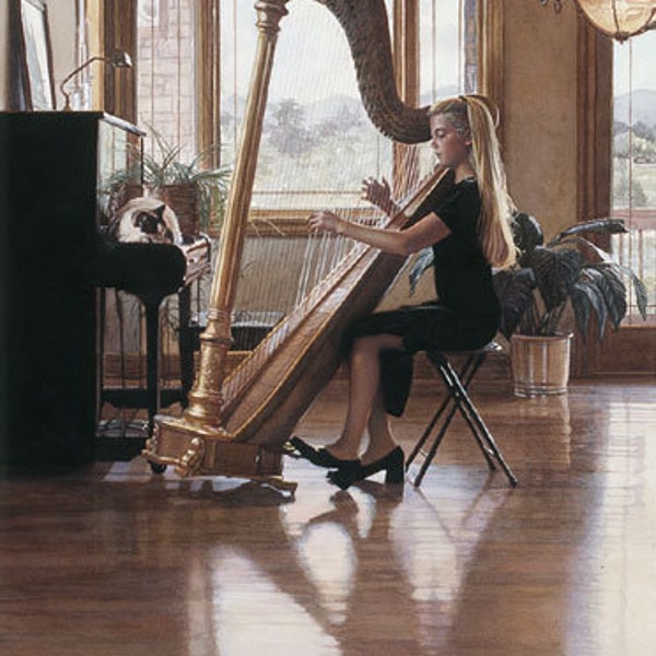 Steve HANKS S/N LEP Signed and Numbered Limited Edition Print " Private Recital " Blonde Girl Playing Musical Instrument Piano Room Harp Cat