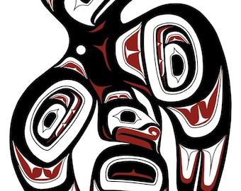 Op de afbeelding: Een gestileerde Native American kunstprint met een zwart adelaarsontwerp met rode en witte accenten. Het kunstwerk toont de adelaar met zijn vleugels gespreid, met ingewikkelde patronen en vormen, perfect voor wanddecoratie.