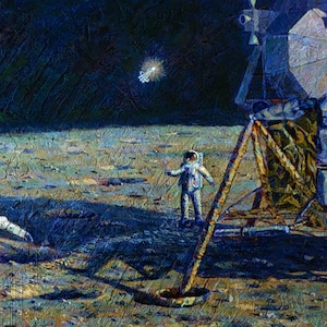 May include: An artistic painting depicts two astronauts on the moon near a lunar module. One astronaut is throwing an object, while the other stands nearby. The scene is set against a dark, starry sky, with a distant spacecraft.